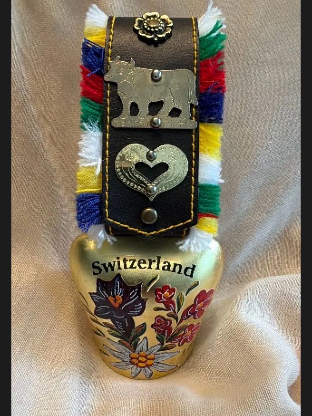 Switzerland Brass Cow Bell Hand Painted Floral Design with Pins